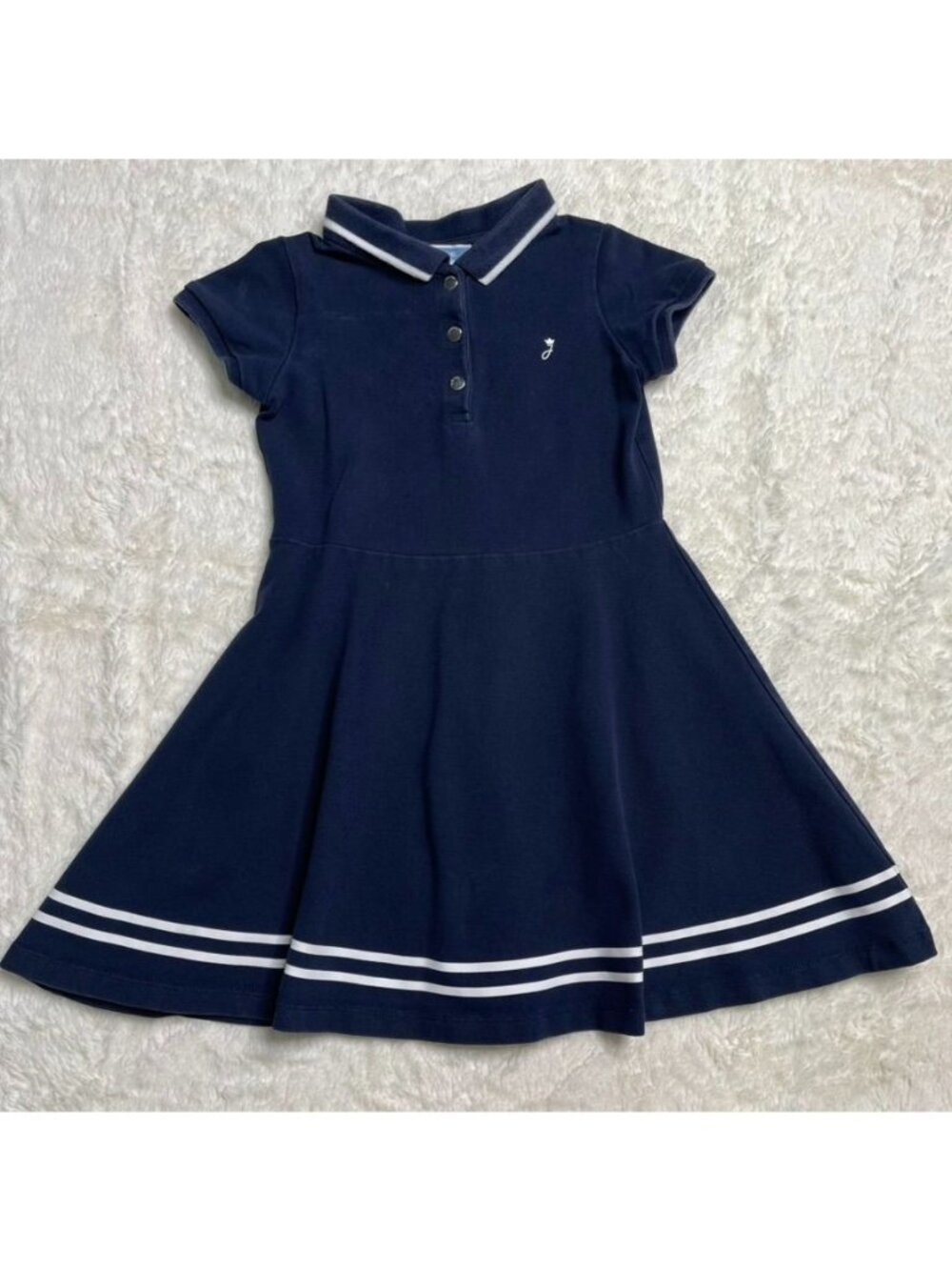 Jacadi Paris Girls Navy Blue Cotton Piqué Polo Dress White Stripe Size 6A